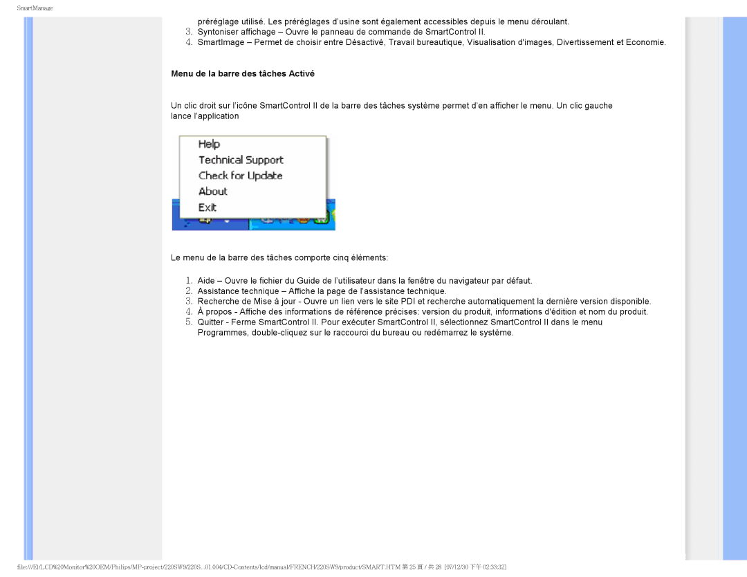 Philips 220SW9 user manual Menu de la barre des tâches Activé 