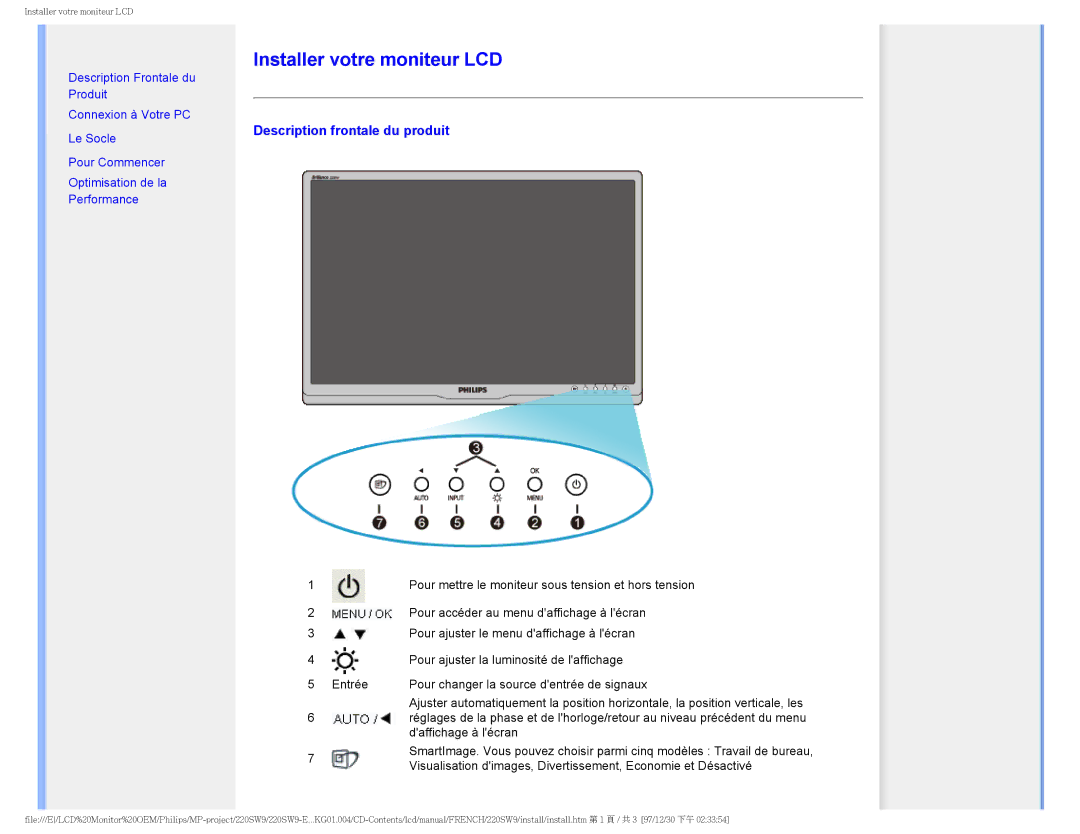 Philips 220SW9 user manual Installer votre moniteur LCD, Description frontale du produit 