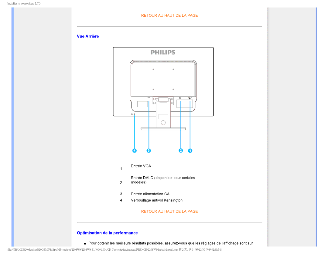 Philips 220SW9 user manual Vue Arrière, Optimisation de la performance 