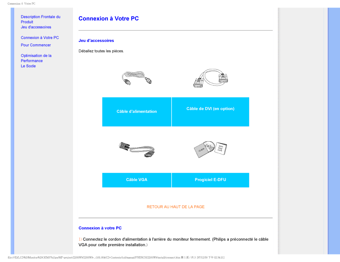 Philips 220SW9 user manual Jeu daccessoires, Connexion à votre PC 