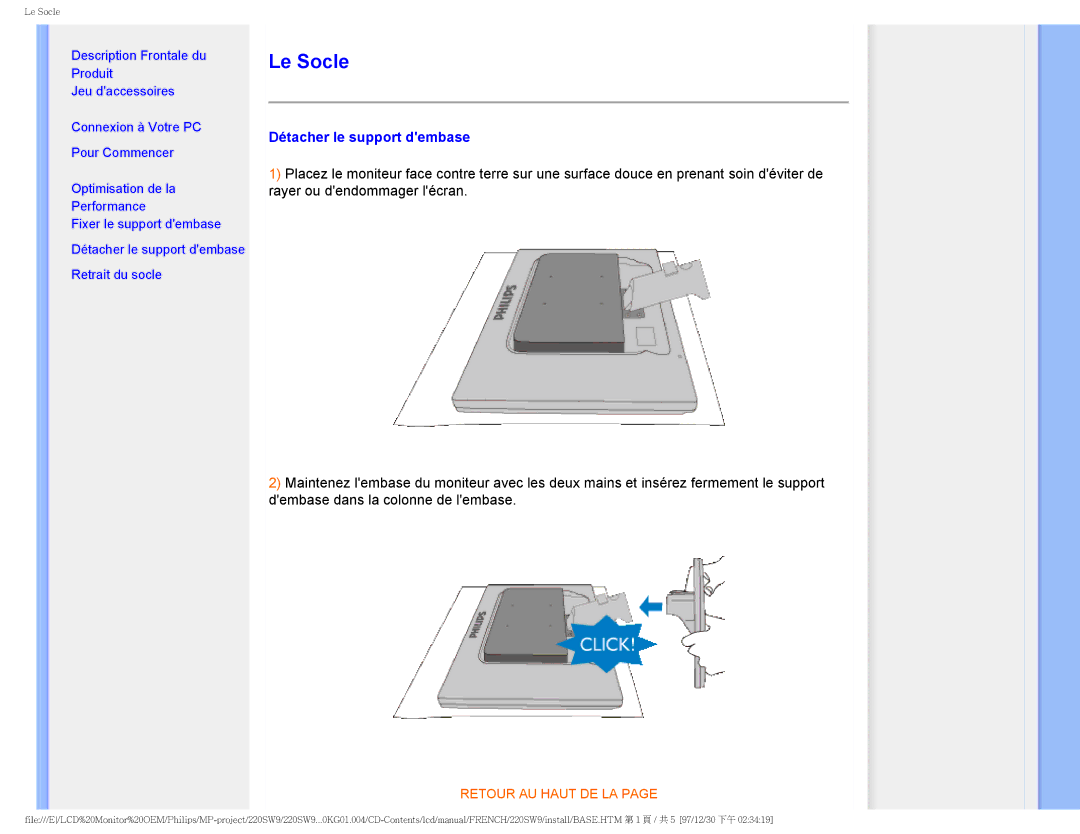 Philips 220SW9 user manual Le Socle, Détacher le support dembase 