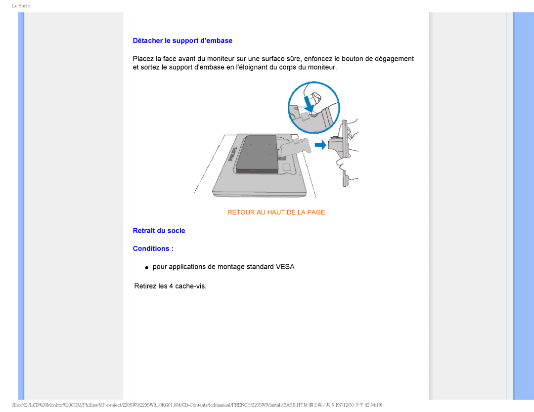 Philips 220SW9 user manual Retrait du socle Conditions 