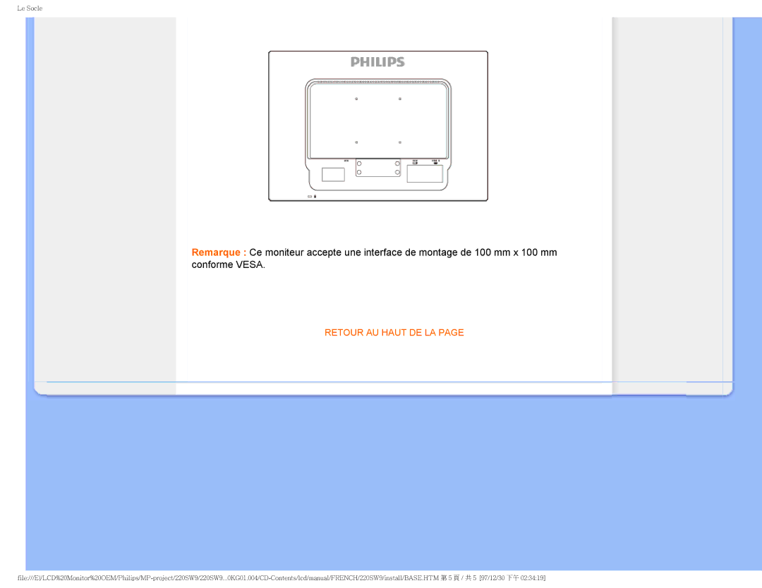 Philips 220SW9 user manual Retour AU Haut DE LA 