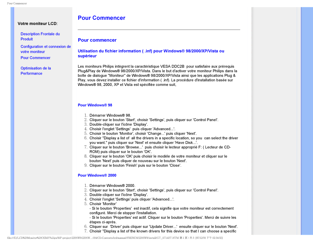 Philips 220SW9 user manual Pour Commencer, Pour Windows 