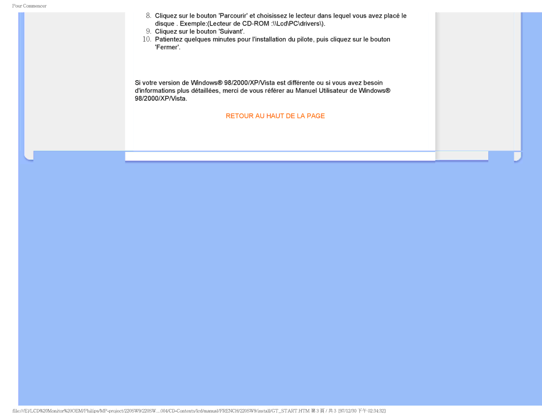 Philips 220SW9 user manual Retour AU Haut DE LA 