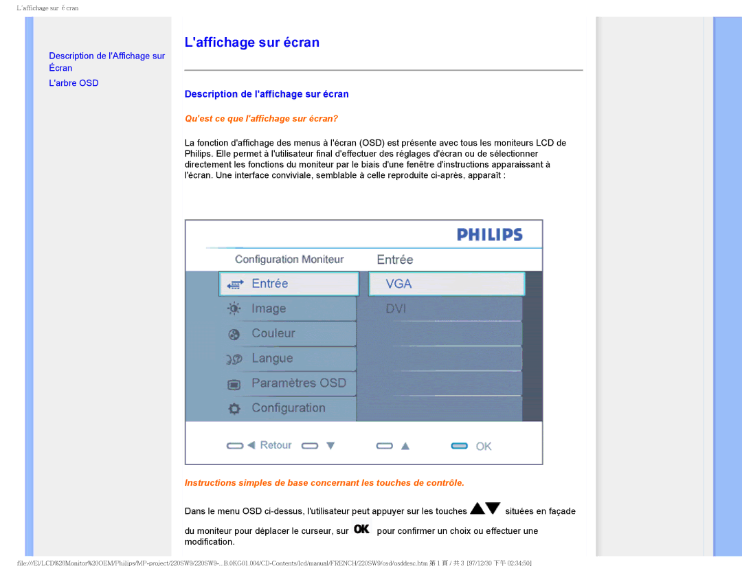 Philips 220SW9 user manual Laffichage sur écran, Description de laffichage sur écran 