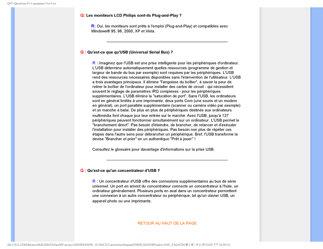 Philips 220SW9 user manual Les moniteurs LCD Philips sont-ils Plug-and-Play ?, Quest-ce que quUSB Universal Serial Bus ? 