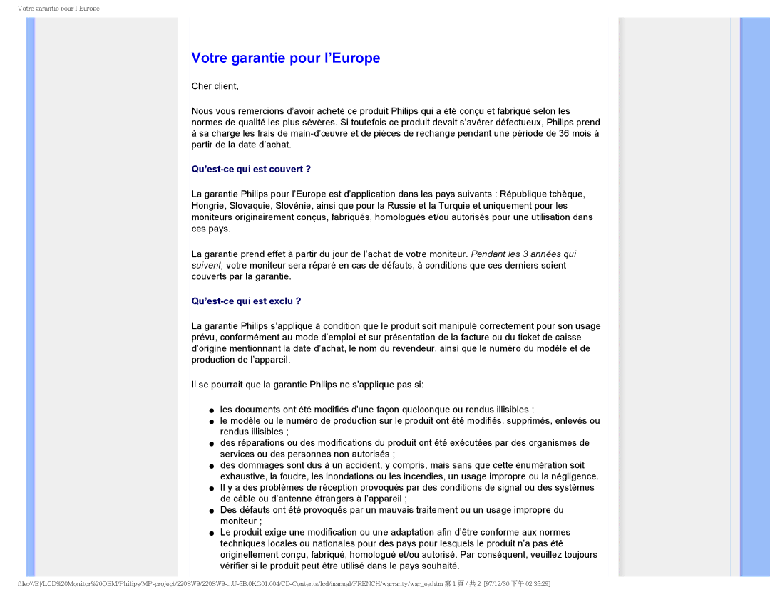 Philips 220SW9 user manual Votre garantie pour l’Europe, Qu’est-ce qui est couvert ? 