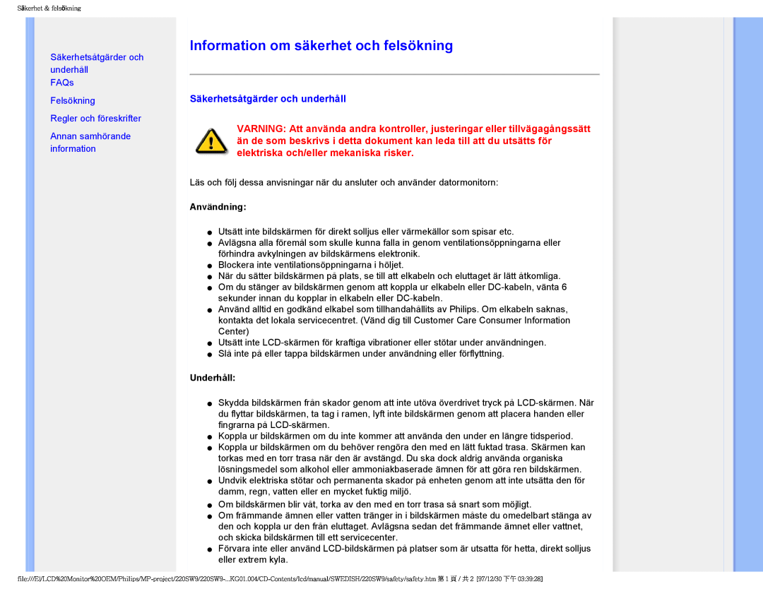Philips 220SW9 user manual Information om säkerhet och felsökning, Säkerhetsåtgärder och underhåll, Regler och föreskrifter 