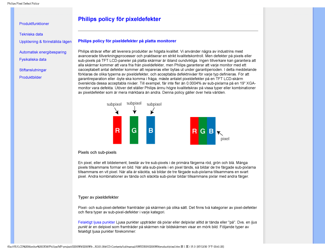 Philips 220SW9 Philips policy för pixeldefekter, Produktfunktioner Tekniska data, Upplösning & förinställda lägen 