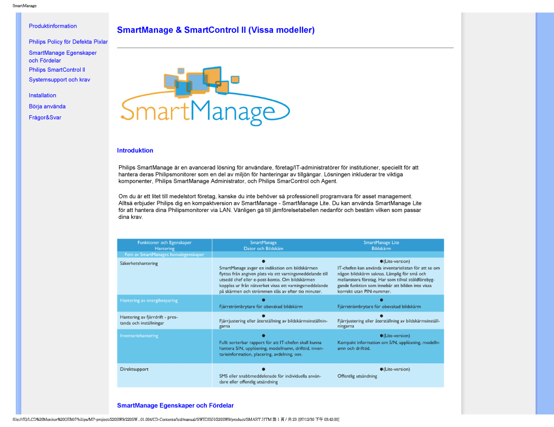 Philips 220SW9 user manual SmartManage & SmartControl II Vissa modeller, Introduktion, SmartManage Egenskaper och Fördelar 