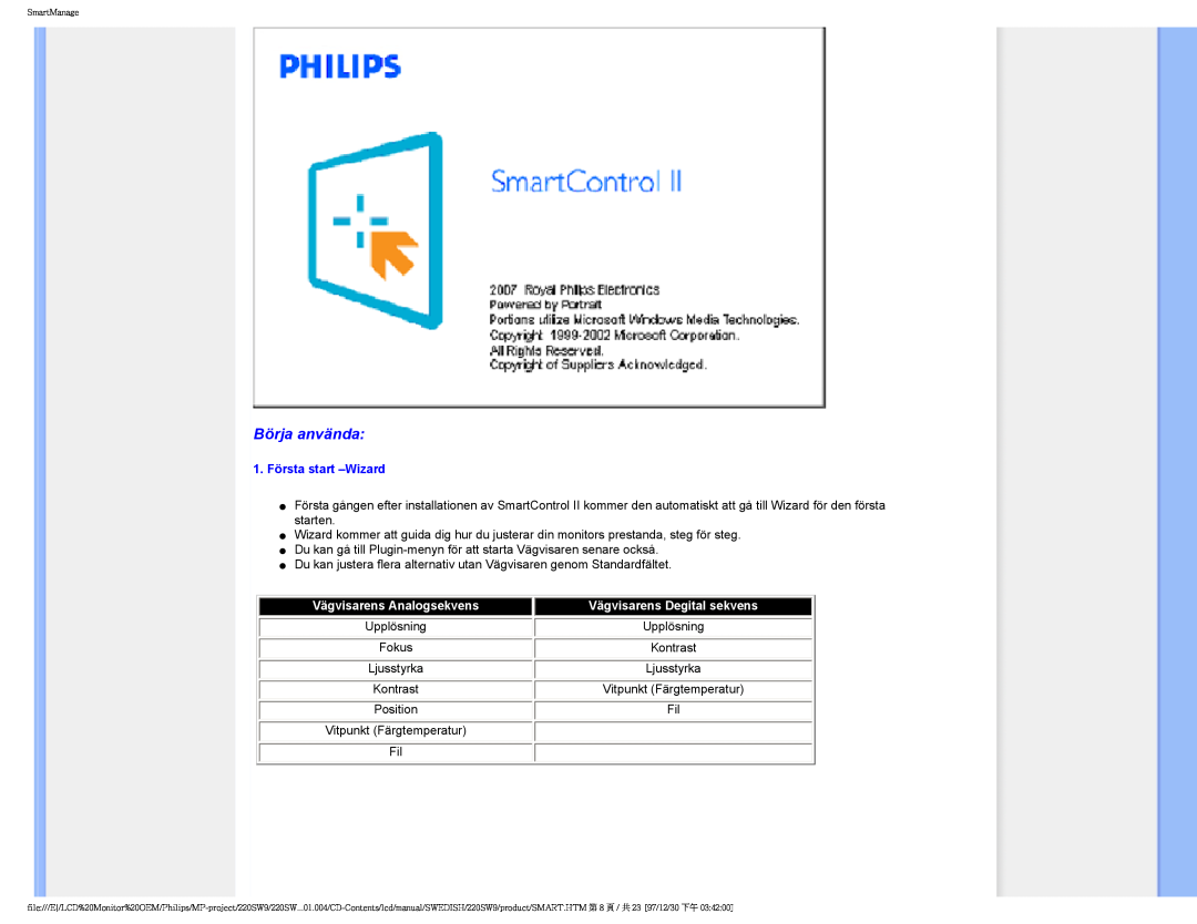 Philips 220SW9 user manual Börja använda, 1.Första start -Wizard 