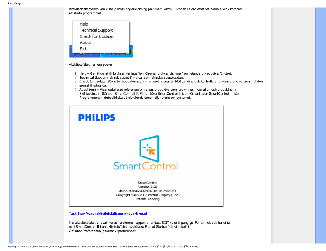 Philips 220SW9 user manual Task Tray Menu aktivitetsfältsmeny avaktiverad 