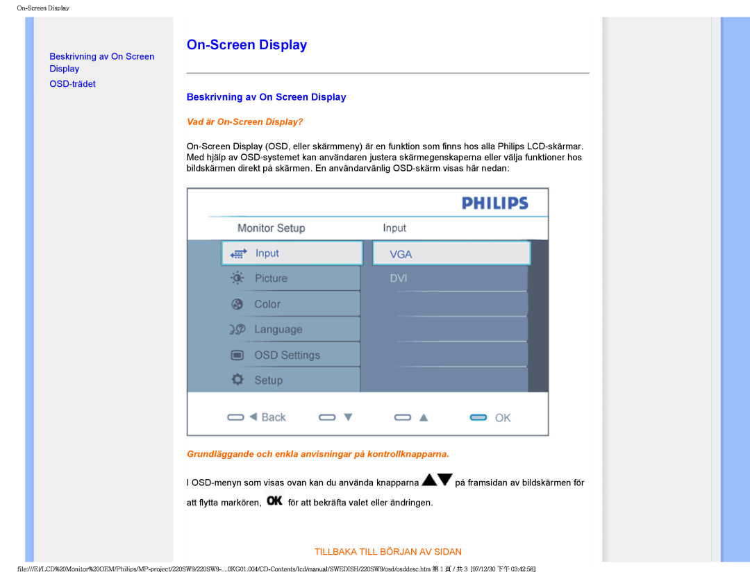 Philips 220SW9 user manual Beskrivning av On Screen Display OSD-trädet, Vad är On-ScreenDisplay? 