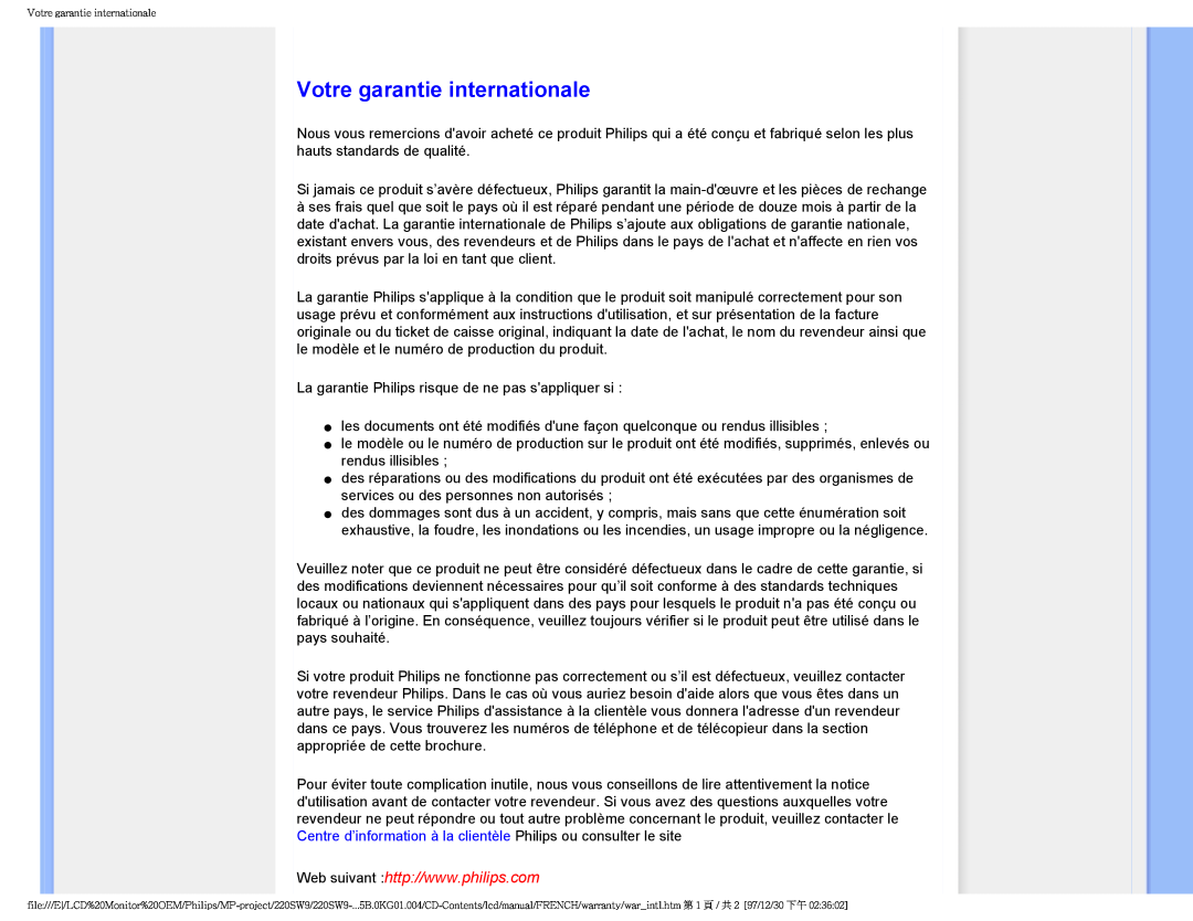 Philips 220SW9 user manual Votre garantie internationale 