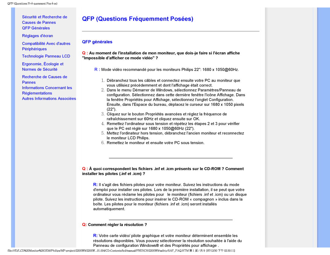 Philips 220SW9 user manual QFP Questions Fréquemment Posées, QFP générales, Sécurité et Recherche de Causes de Pannes 