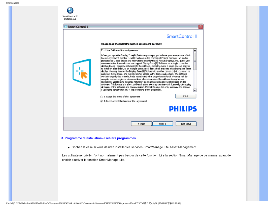 Philips 220SW9 user manual Programme dinstallation- Fichiers programmes, SmartManage 