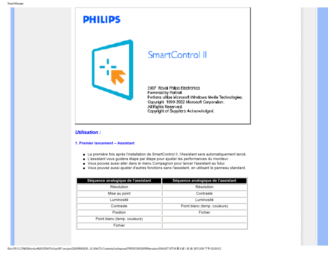 Philips 220SW9 user manual Utilisation, Premier lancement - Assistant, Séquence analogique de lassistant 