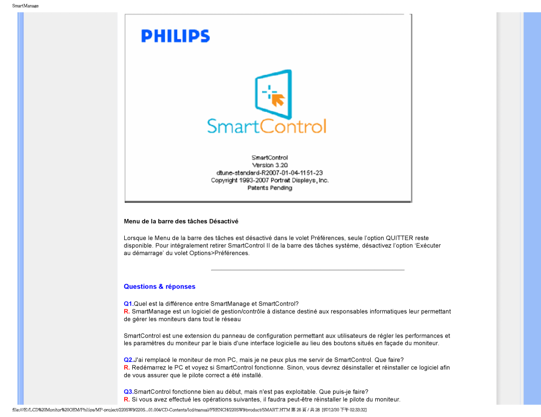 Philips 220SW9 user manual Questions & réponses, Menu de la barre des tâches Désactivé 