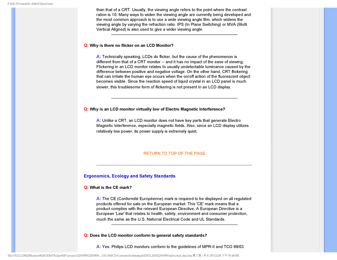 Philips 220SW9FB/27 user manual Ergonomics, Ecology and Safety Standards, Why is there no flicker on an LCD Monitor? 