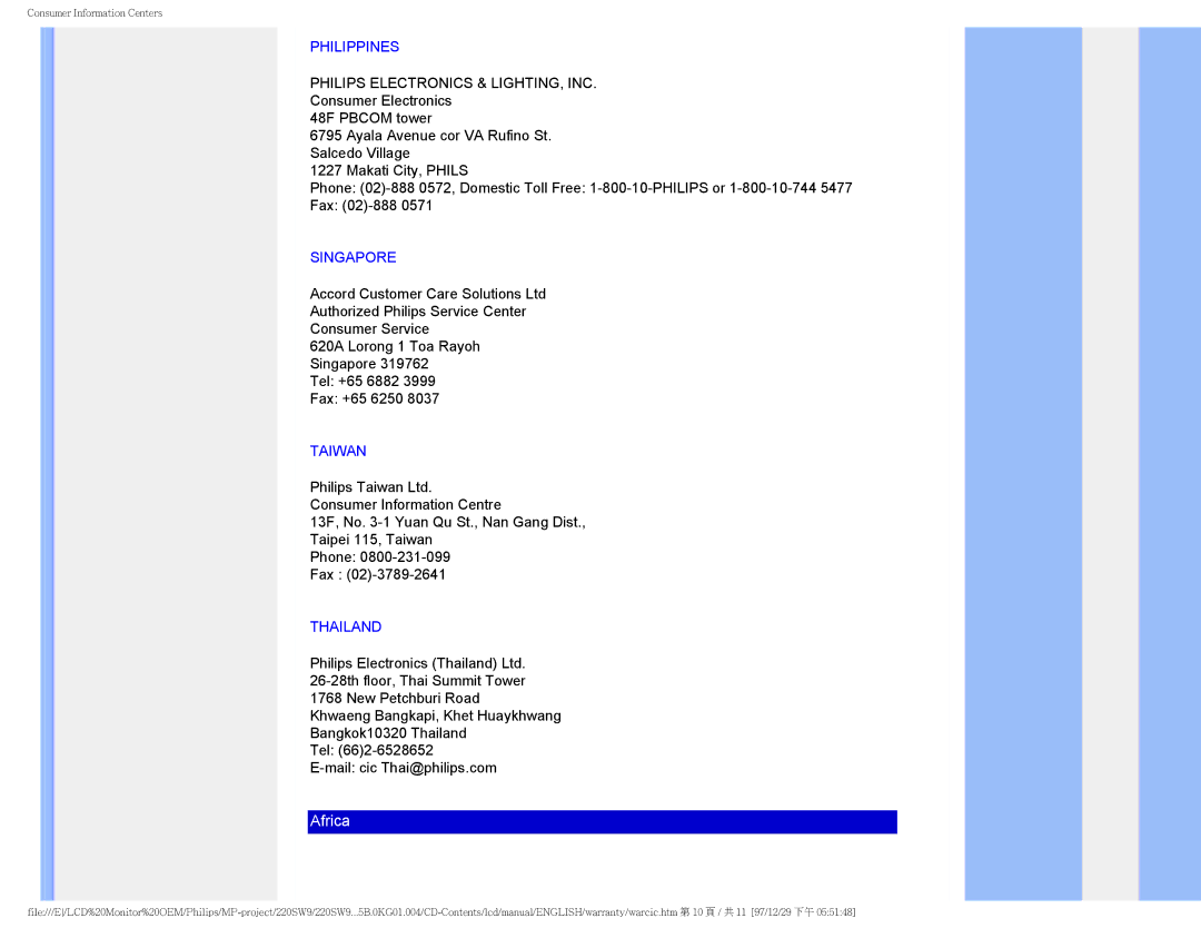 Philips 220SW9FB/27 user manual Philippines, Singapore, Taiwan, Thailand 