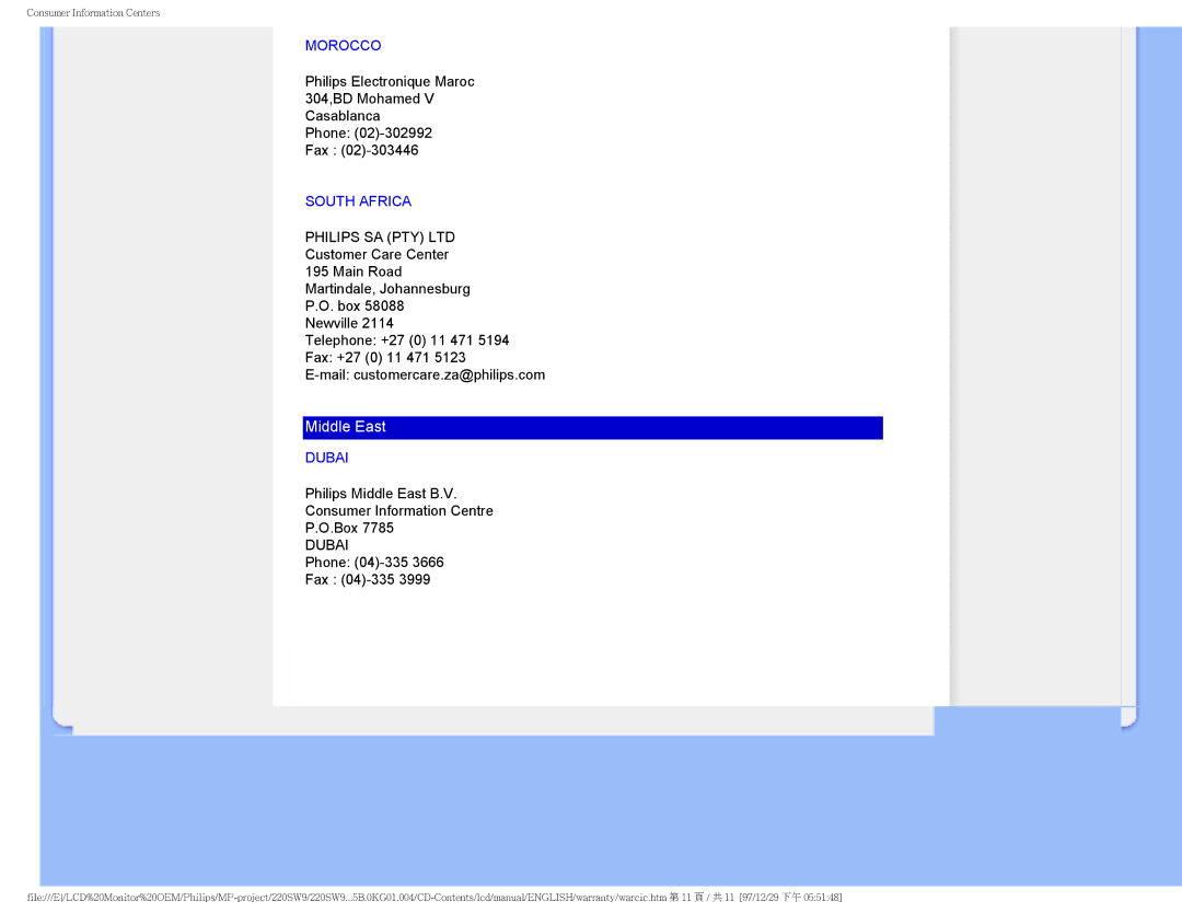 Philips 220SW9FB/27 user manual Morocco, South Africa, Dubai 