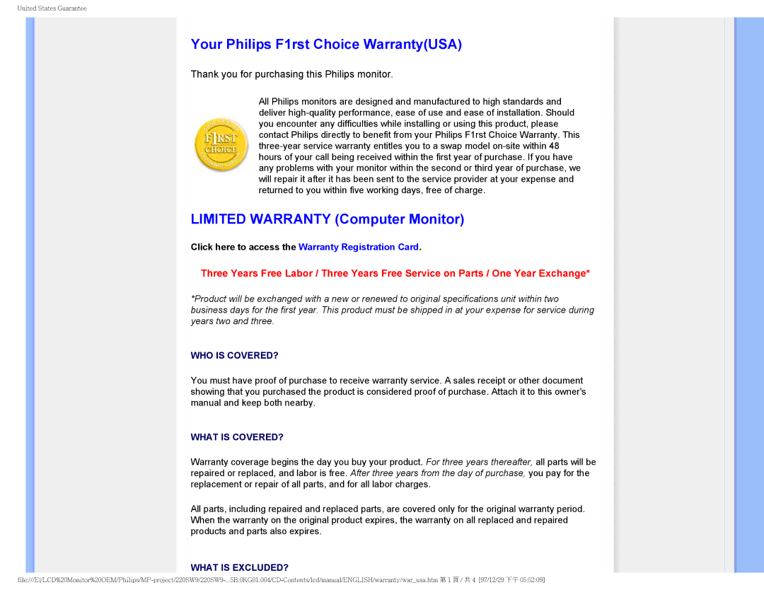 Philips 220SW9FB/27 user manual Your Philips F1rst Choice WarrantyUSA, Limited Warranty Computer Monitor 