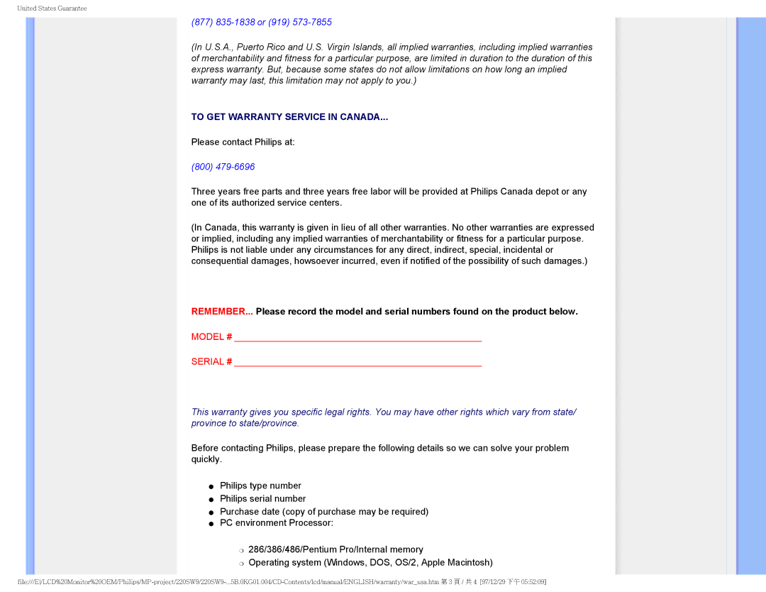 Philips 220SW9FB/27 user manual To GET Warranty Service in Canada 