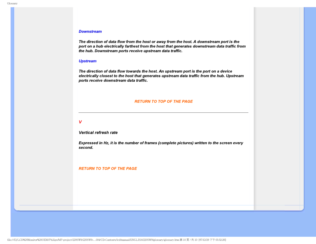 Philips 220SW9FB/27 user manual Vertical refresh rate, Downstream 