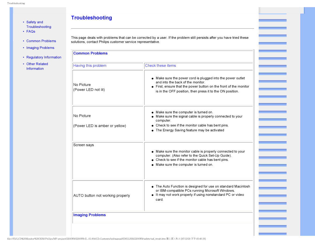 Philips 220SW9FB/27 user manual Troubleshooting 