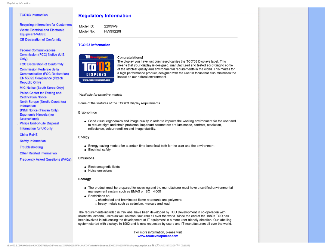 Philips 220SW9FB/27 user manual Regulatory Information, TCO03 Information 