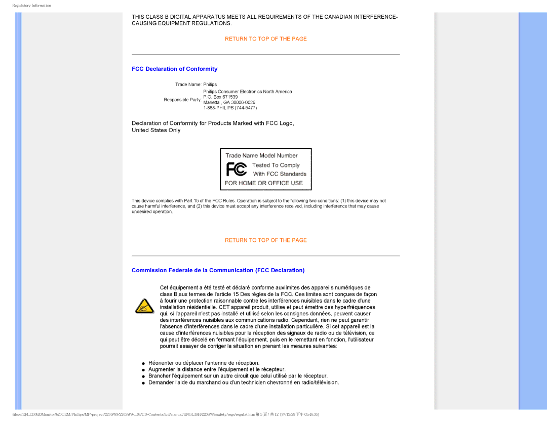 Philips 220SW9FB/27 user manual FCC Declaration of Conformity, Commission Federale de la Communication FCC Declaration 