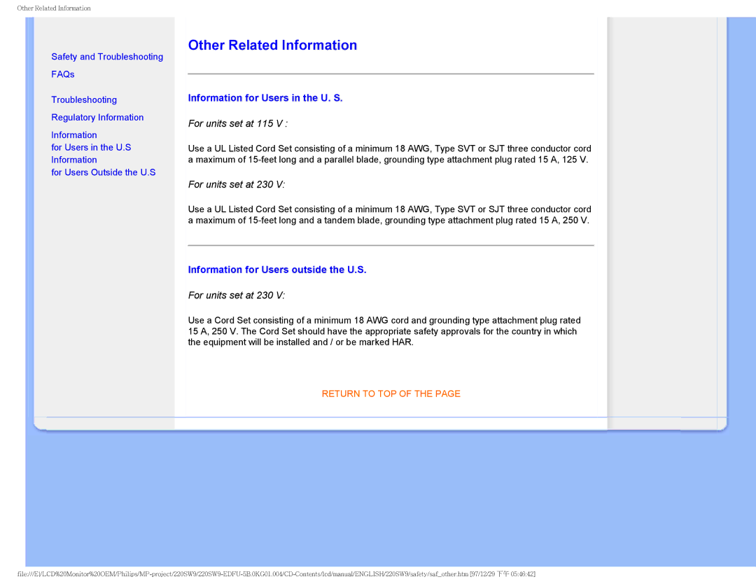 Philips 220SW9FB/27 Other Related Information, Information for Users in the U. S, Information for Users outside the U.S 