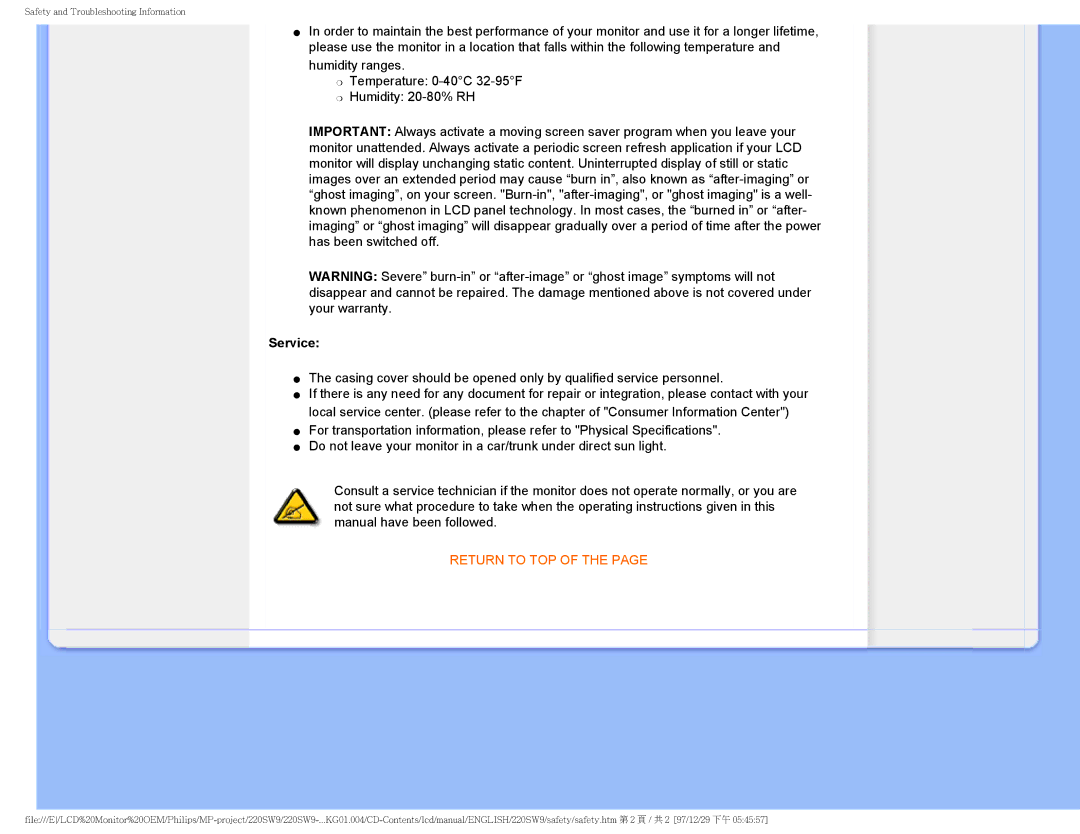 Philips 220SW9FB/27 user manual Service 