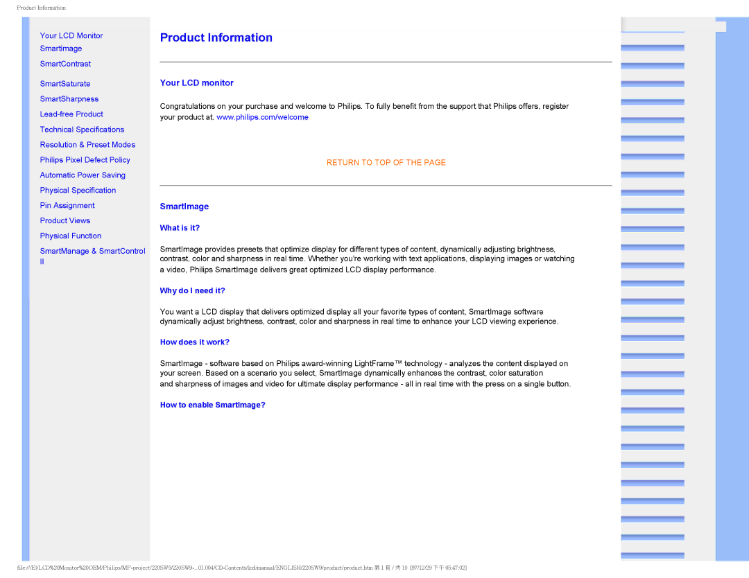 Philips 220SW9FB/27 user manual What is it?, Why do I need it?, How does it work?, How to enable SmartImage? 