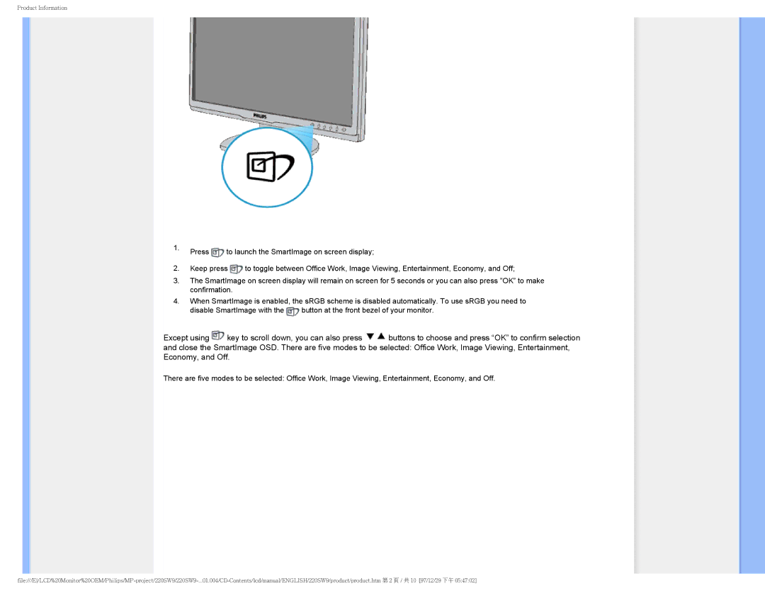 Philips 220SW9FB/27 user manual Product Information 