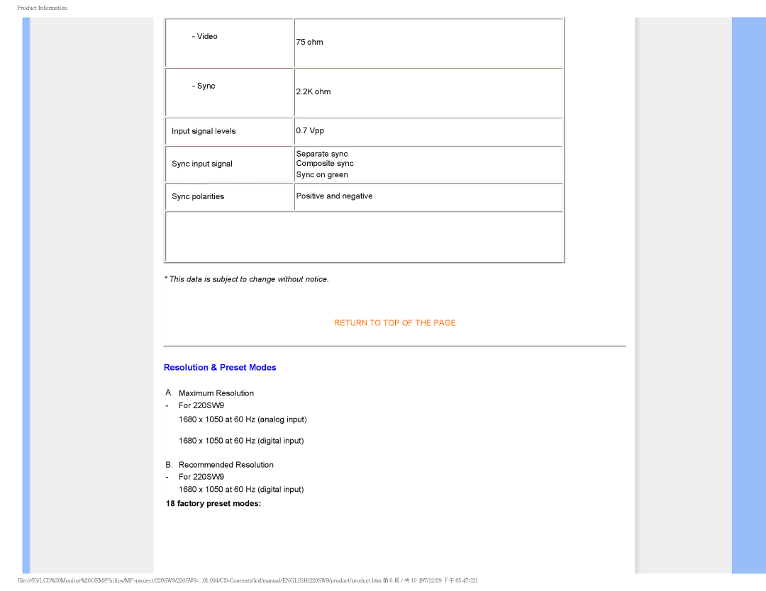 Philips 220SW9FB/27 user manual Resolution & Preset Modes 