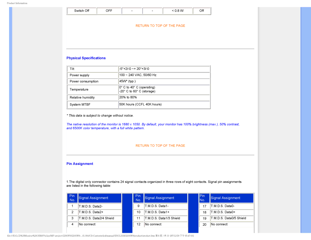 Philips 220SW9FB/27 user manual Physical Specifications 