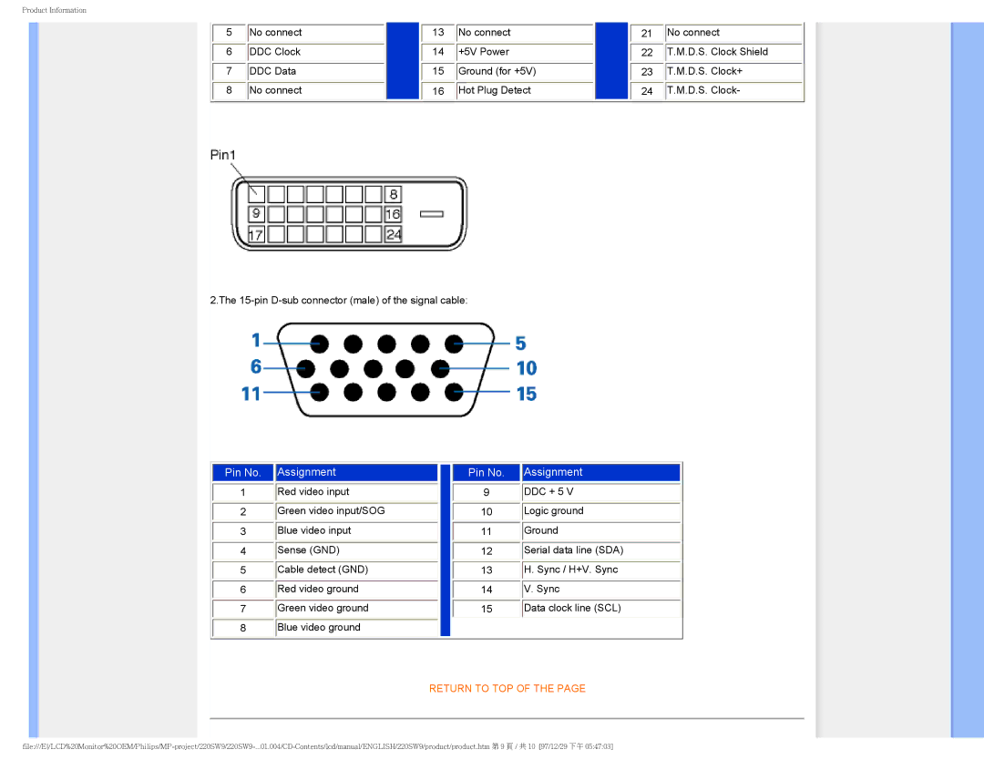 Philips 220SW9FB/27 user manual Pin No Assignment 