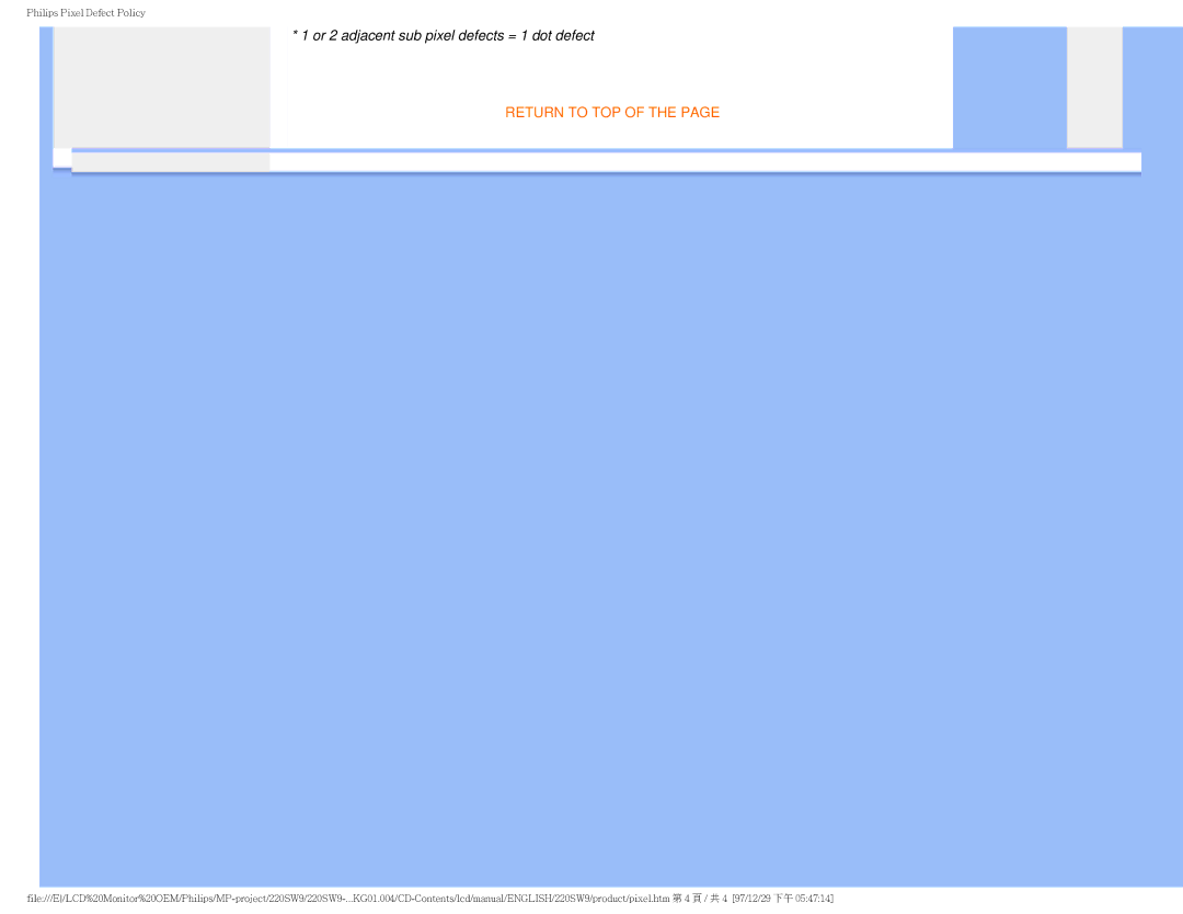 Philips 220SW9FB/27 user manual Or 2 adjacent sub pixel defects = 1 dot defect 