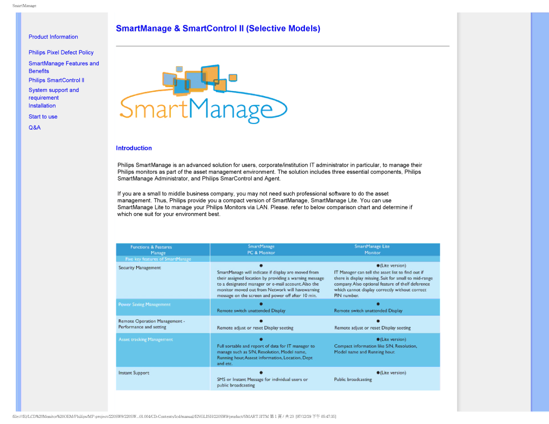 Philips 220SW9FB/27 user manual SmartManage & SmartControl II Selective Models 