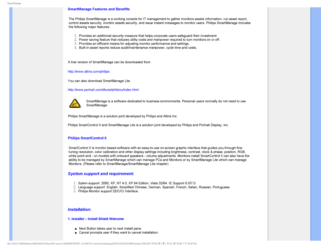 Philips 220SW9FB/27 user manual SmartManage Features and Benefits, Installer Install Shield Welcome 