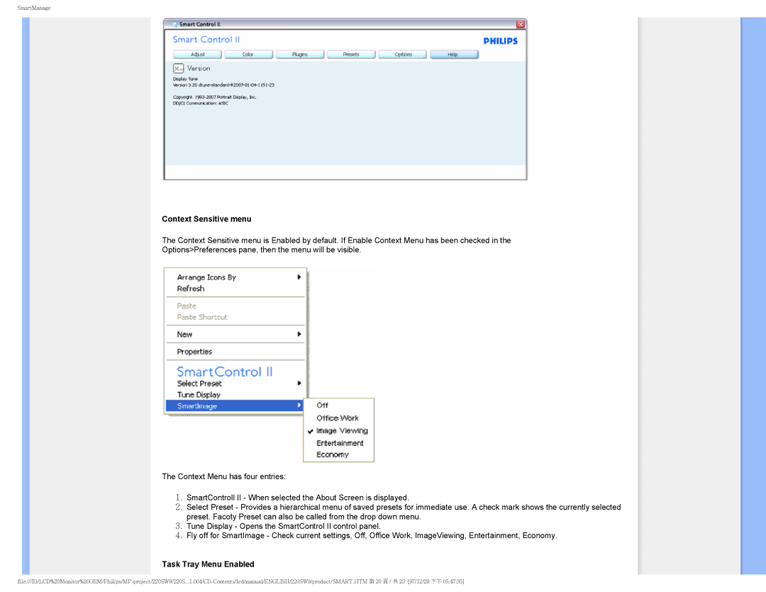 Philips 220SW9FB/27 user manual Context Sensitive menu 