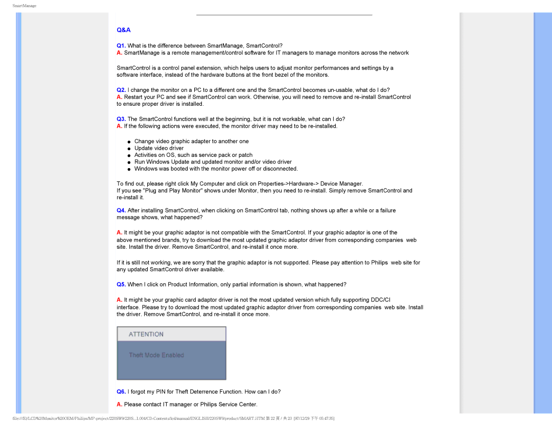 Philips 220SW9FB/27 user manual SmartManage 