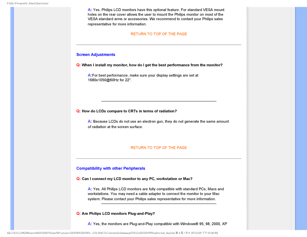 Philips 220SW9FB/27 user manual Screen Adjustments, Compatibility with other Peripherals 