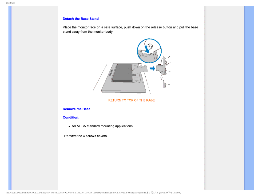 Philips 220SW9FB/27 user manual Detach the Base Stand, Remove the Base Condition 