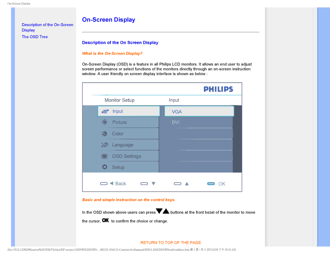 Philips 220SW9FB/27 user manual On-Screen Display, Description of the On Screen Display 