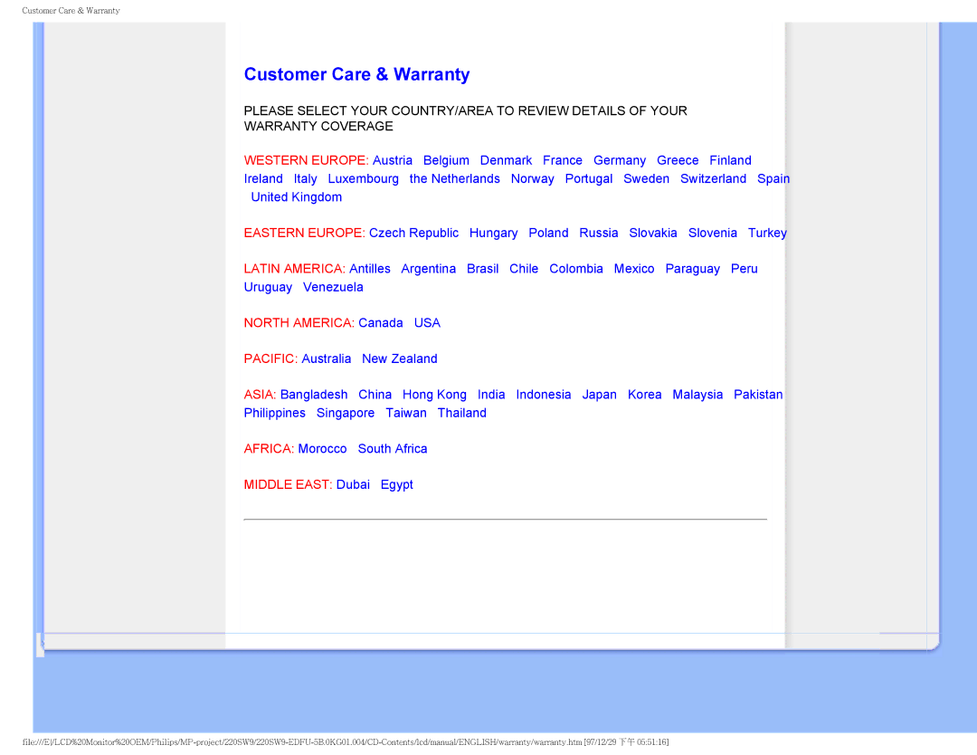 Philips 220SW9FB/27 user manual Customer Care & Warranty, North America Canada USA 