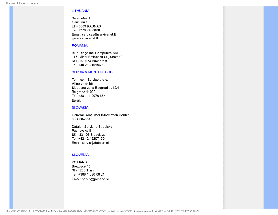 Philips 220SW9FB/27 user manual Lithuania, Romania, Serbia & Montenegro, Slovakia, Slovenia 