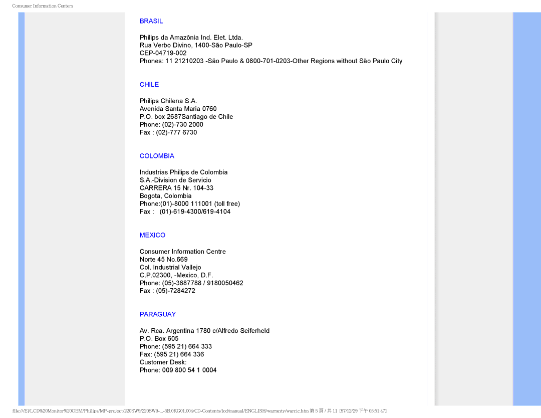 Philips 220SW9FB/27 user manual Brasil, Chile, Colombia, Mexico, Paraguay 